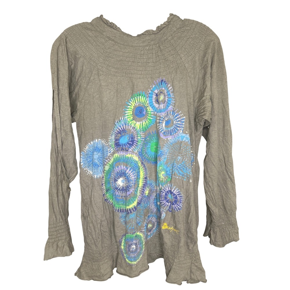Desigual SMALL Gray Long Sleeve Smocked graphic Neckline Ruffled‎ Hem floral Top